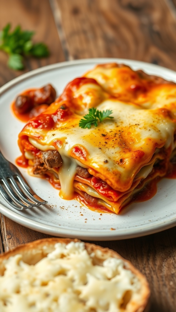 A slice of lasagna Bolognese with meat sauce, béchamel, and melted cheese on a rustic plate, accompanied by garlic bread.
